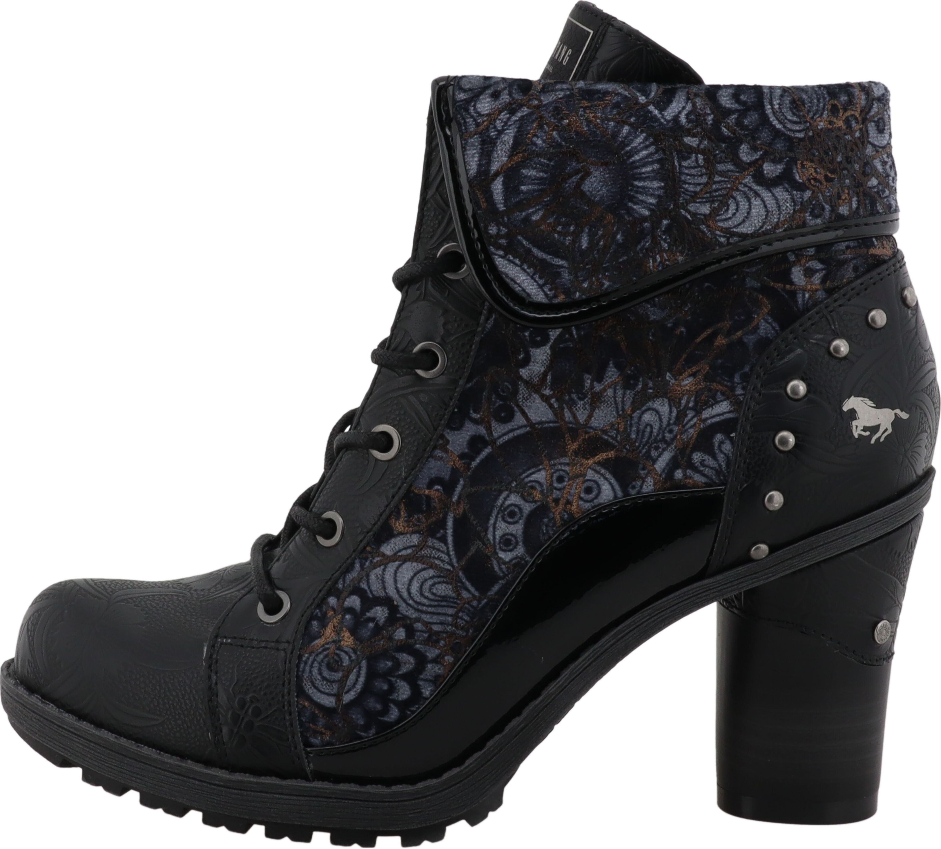 Stiefelette MUSTANG SHOES "Mode-Stiefel", Damen, Gr. 37, wärmend, schwarz multi, Lederimitat, Textil, Schuhe Stiefelette, Blockabsatz, Schnürboots mit umschlagbarem Kragen