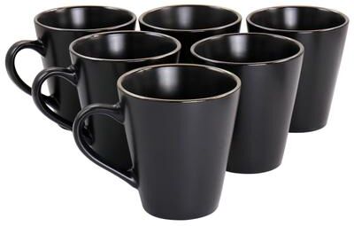 Elama Paul 6 Piece Stoneware Mug Set in Matte Black with Gold Rim