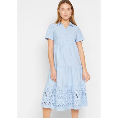 Tunikakleid BONPRIX, Damen, Gr. 36, N-Gr, blau (perlblau), Obermaterial: 100% Baumwolle, ausgestellt, Kleider, lockere Tunika-Form, mit Lochstickerei, Kurzarm-Design, aus Baumwolle