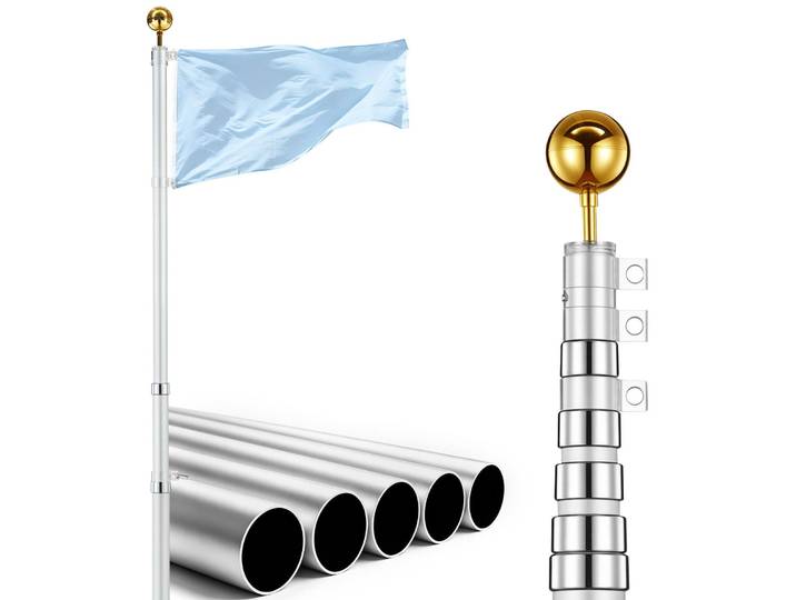 VEVOR Mât de Drapeau Télescopique 9 m Kit Mât de Drapeau Alu Épais Argent\, pour Jardins Résidentiels\, Entrées Commerciales\, Lieux Événementiels\, Espaces Extérieurs\, Robuste\, avec Manchon de Sol PVC