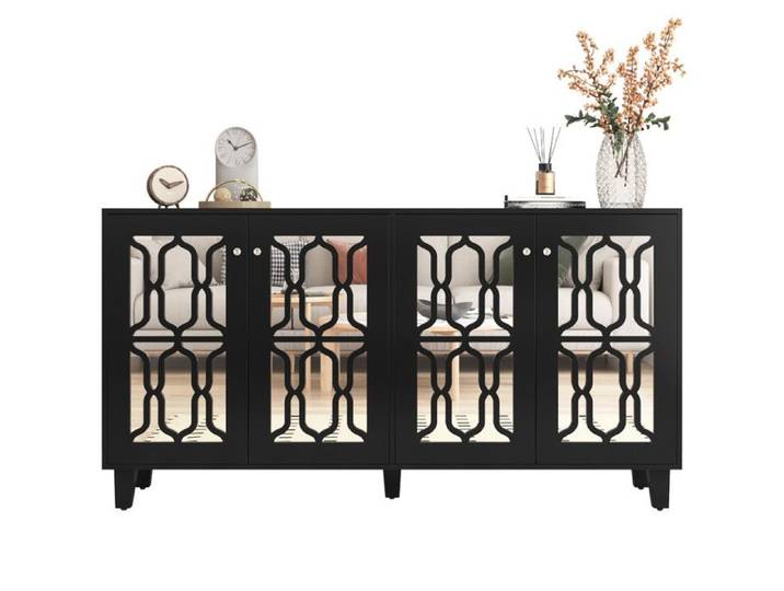 Buffet Noir Miroir avec Poignées en Cristal Meuble de Rangement avec 4 Portes étagères Réglables Buffet Salle à Manger 160x40x84cm