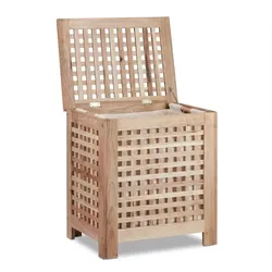 Relaxdays Wäschetruhe Walnuss, Deckel, entnehmbarer Wäschesack 70 l, geschlossener Sammler, HBT:55,5x52,5x39,5cm, natur