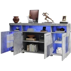 Industrielles Wohnzimmer Sideboard mit LED-Beleuchtung, 140x40x70 cm, Hochglanz Zementgrau, 3 Schränke, 6 Regale, Moderne Aufbewahrung