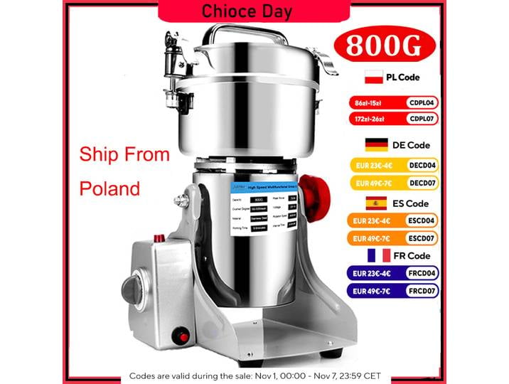 Pièces gratuites grande capacité 800G 3000W broyeur d'herbes Machine à café Grain épices moulin médecine blé mélangeur aliments secs broyeur