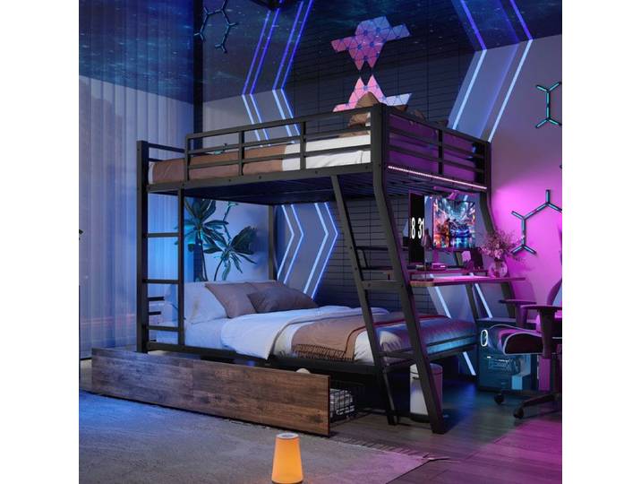 Lit Superposé 140x200cm - Bureau Integré - 2 Tiroirs Rangement - Éclairage LED Telecommande - Certification EN747 - Noir