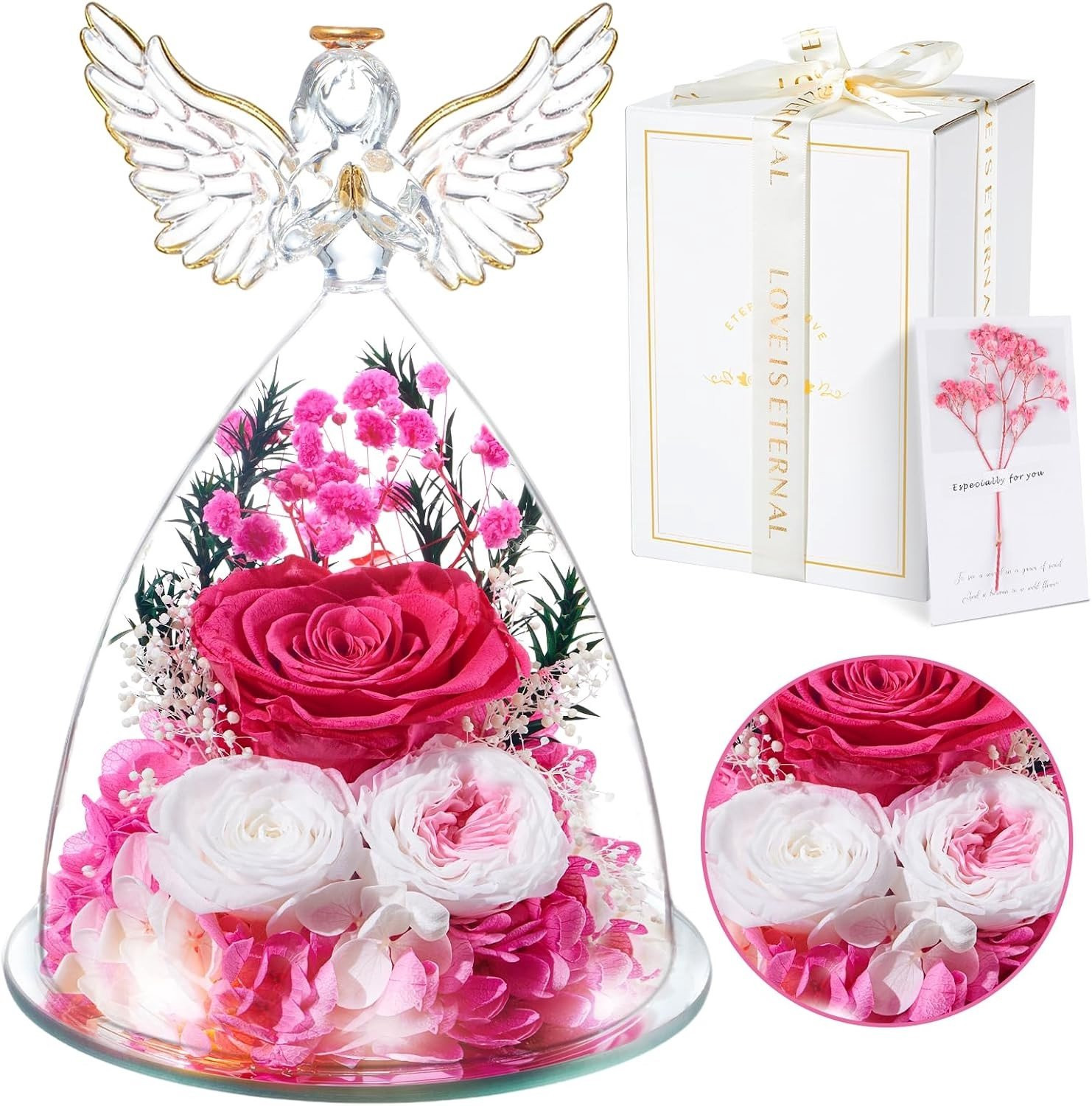 Handgemaakte Infinity Roos in een glazen engelkoepel met luxe cadeaubox