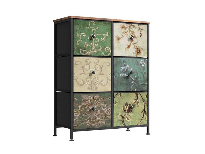 Kommode mit 6 Schubladen Metallgestell Stoff Kommode, Mehrfarbig, Holz, 30x86.5x67.5 cm, Kleinmöbel, Kommoden, Kommoden