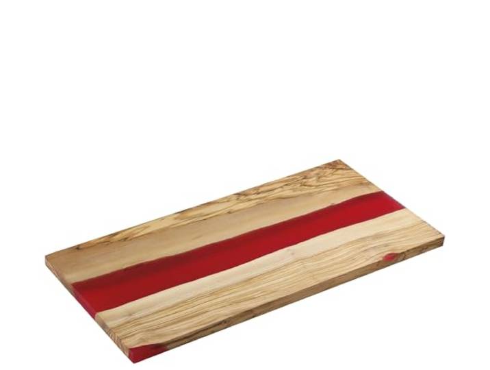 Zassenhaus Servierbrett Rot, 45×22×1,5cm, Olivenholz mit Harz, Handarbeit Unikat-Schneidebrett für Käse, Wurst und Antipasti, pflegeleicht, handgefertigt, natürliches Olivenholz