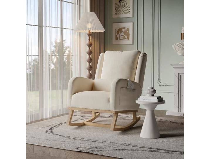 Fauteuil à Bascule - Design Scandinave - Lin Blanc - Accoudoirs - Dossier Haut - 1 Place