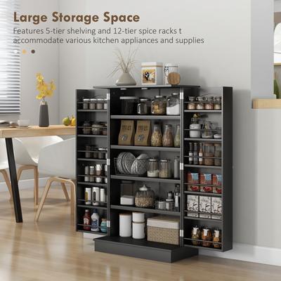 GREATPLANINC Kitchen Pantry Storage Cabinet with Adjustable Shelves and Side Racks, Buffet Cabinet Sideboard with Anti-Tip Wall Strap