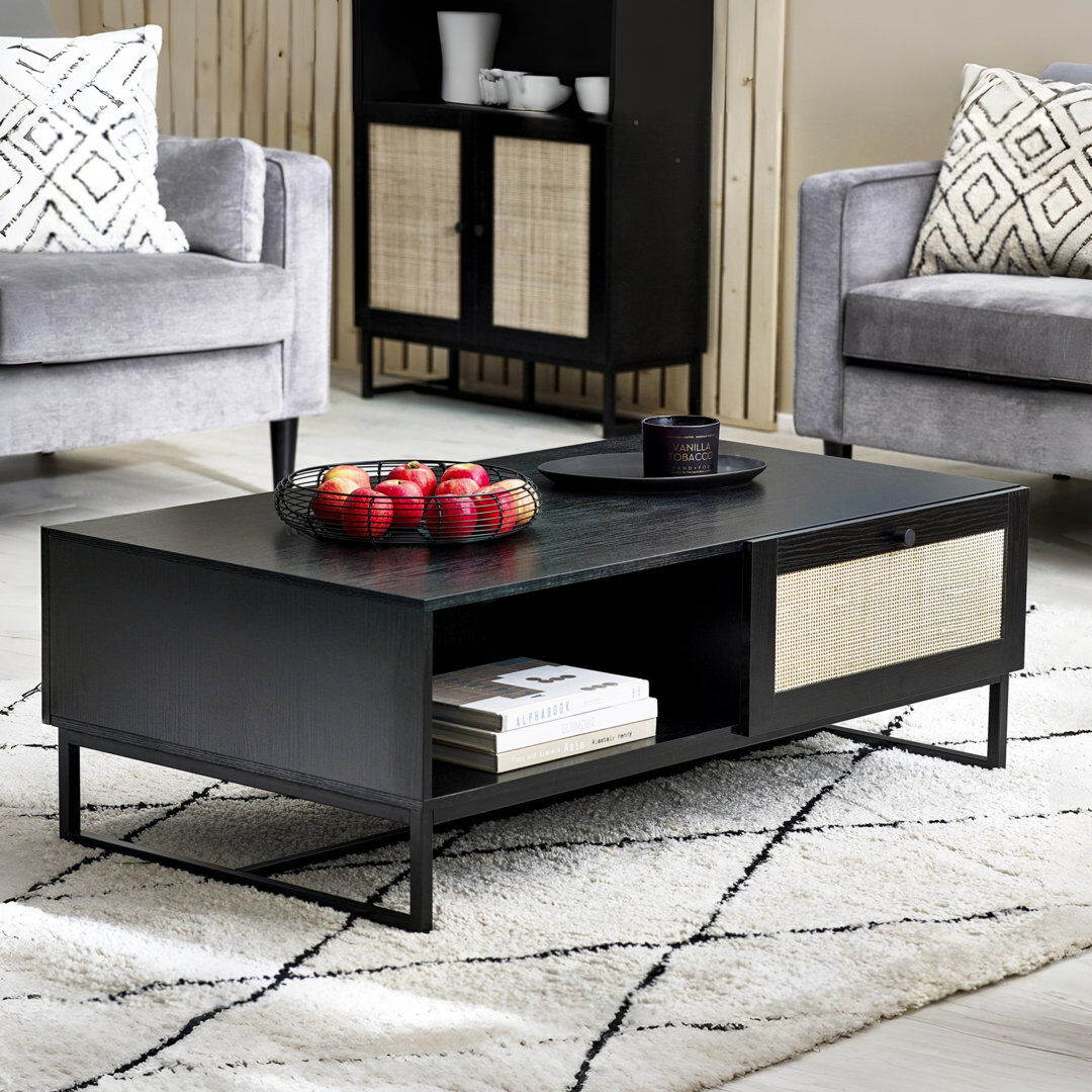 Fernleaf Reese Frame Coffee Table with Storage Black/Rattan 42cm H X 120cm W X 70cm D