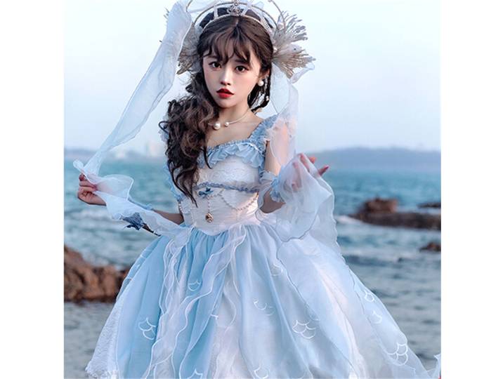 Robe d'été Lolita en dentelle brodée pour filles, pétales bleus, écailles de poisson, princesse sirène Kawaii, chaîne de perles, Cosplay Lolita Jsk