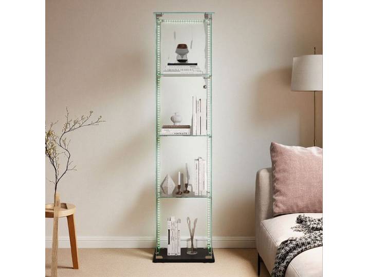 Vitrine en Verre - 4 Étagères - Éclairage LED - Noir - 163cm pour Salon/Chambre