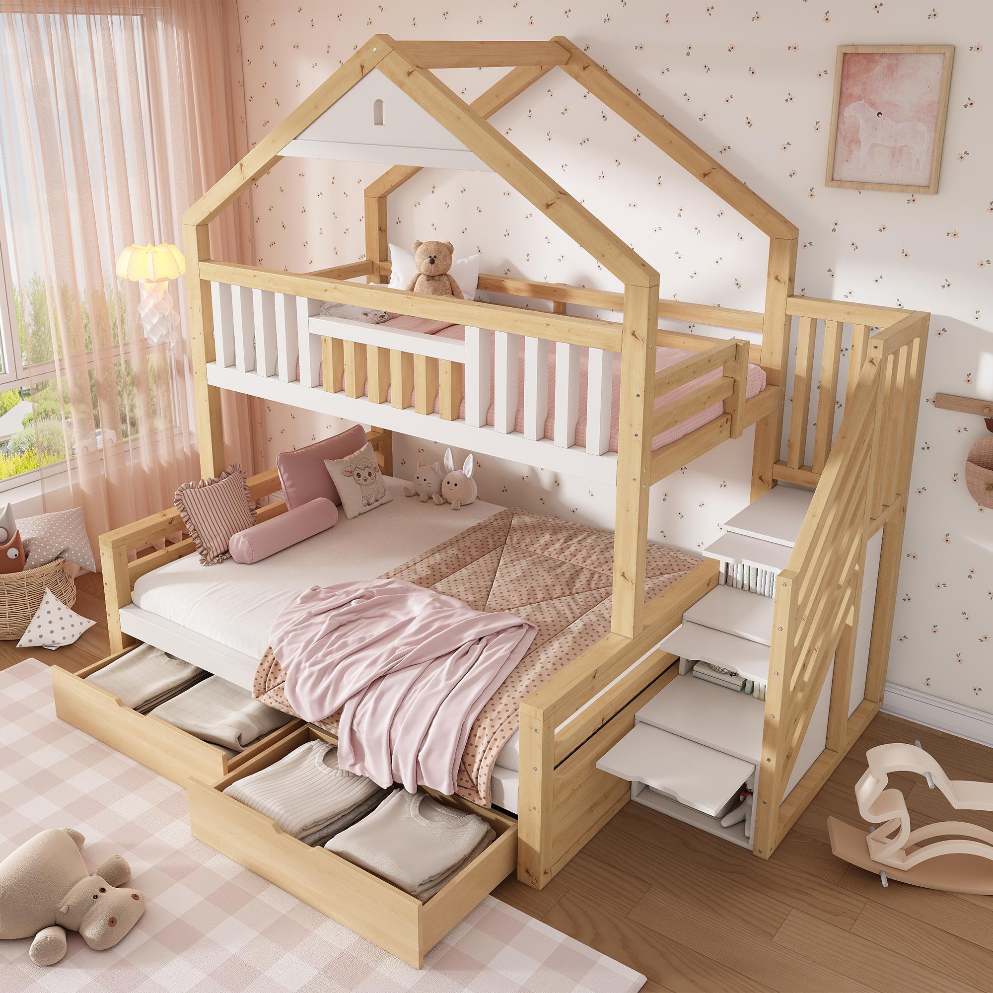 Etagenbett 90x200 und 140x200 cm, Hausbett mit Giebeldach, Treppenschrank, 2 Schubladen und Rausfallschutz, Holz, Weiß/Eiche