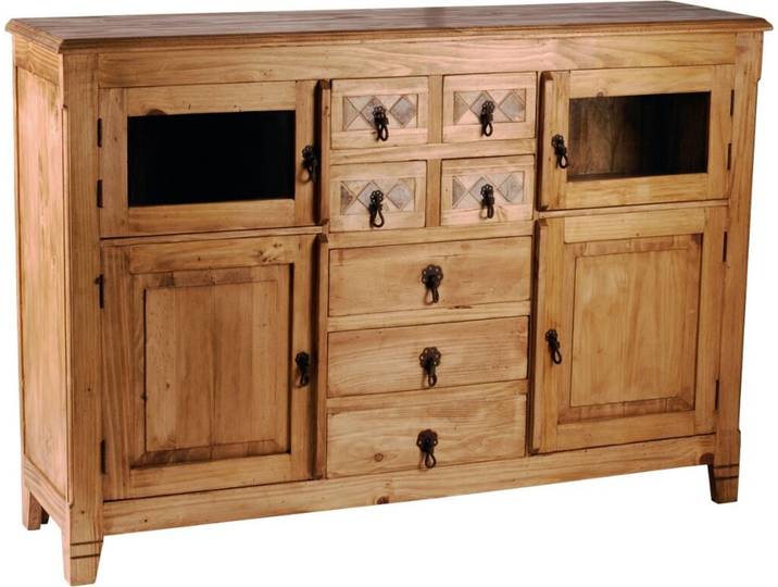 MiaMöbel Mexico Highboard - Marmor Glas, Massivholz Pinie Landhaus Mexiko Möbel Mexikanisch