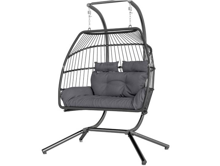 Okwish Hängesessel 170/100/185 cm dunkelgrau aus Rattan klappbar, Dunkelgrau, 100x185x170 cm, Gartenmöbel, Gartenschaukeln, Hängesessel