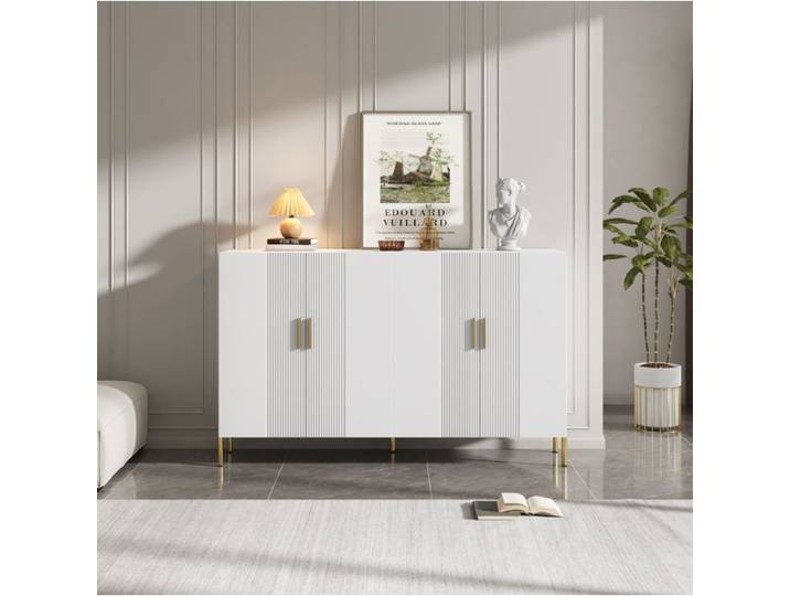 Buffet haut QAVRYL 160 x 35 x 100 cm 4 portes et étagères réglables blanc mat et doré