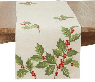Saro Lifestyle Evergreen Holly Leaves Table Runner