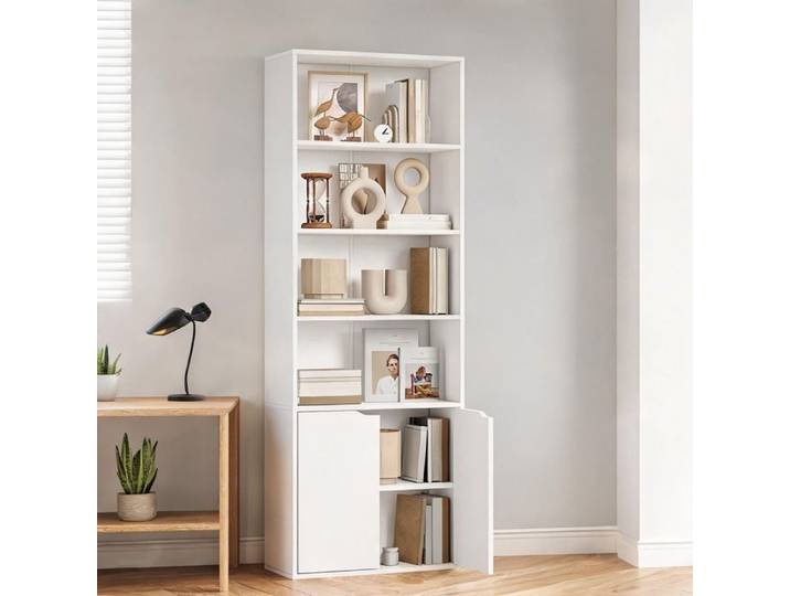 Bibliothèque contemporaine blanche avec 3 étagères ouvertes et placard fermé - Blanc Panneau de particules 59 x 29 x 180 cm