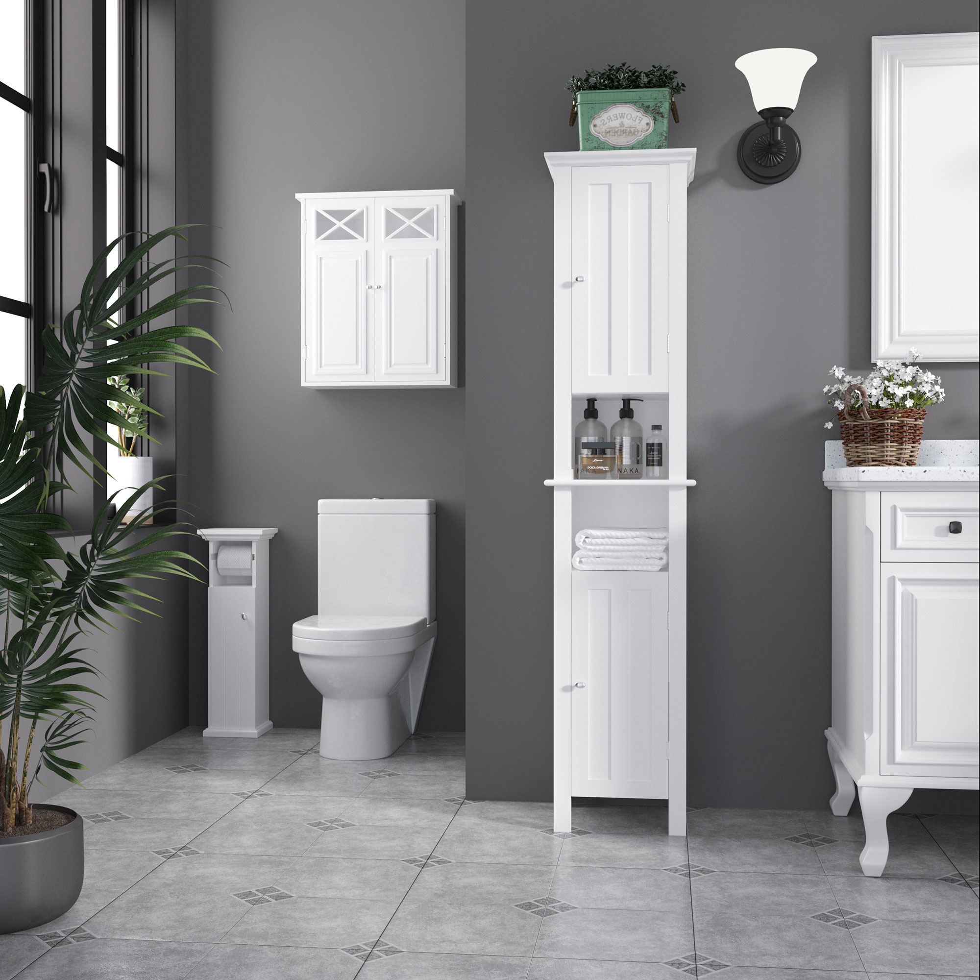 Kleankin Mobile Bagno con Porta Carta Igienica e Armadietto in Legno MDF, 21.5x17.8x66.5cm, Bianco Aosom