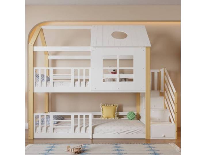 Kiefer-Etagenbett 90x200cm Weiß/Natur Mit Stauraum & Dach,Modernem Design Stabiles Hochbett Kinder Mit Fenster, Fallschutzgitter, EN747- & FSC-Zertifiziert, Seitlichen Leiterschränken