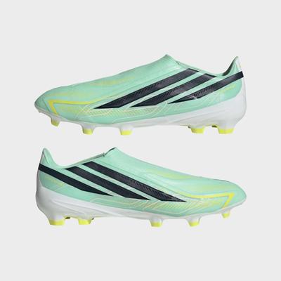 Fußballschuh ADIDAS PERFORMANCE "F50 HYPERFAST LEAGUE, FESTE BÖDEN, OHNE SCHNÜRSENKEL", Herren, Gr. 45, pulse mint, night navy, solar lemon, Synthetik, Textil, Schuhe Fußballschuh, Außensohle für Rasen und feste Böden