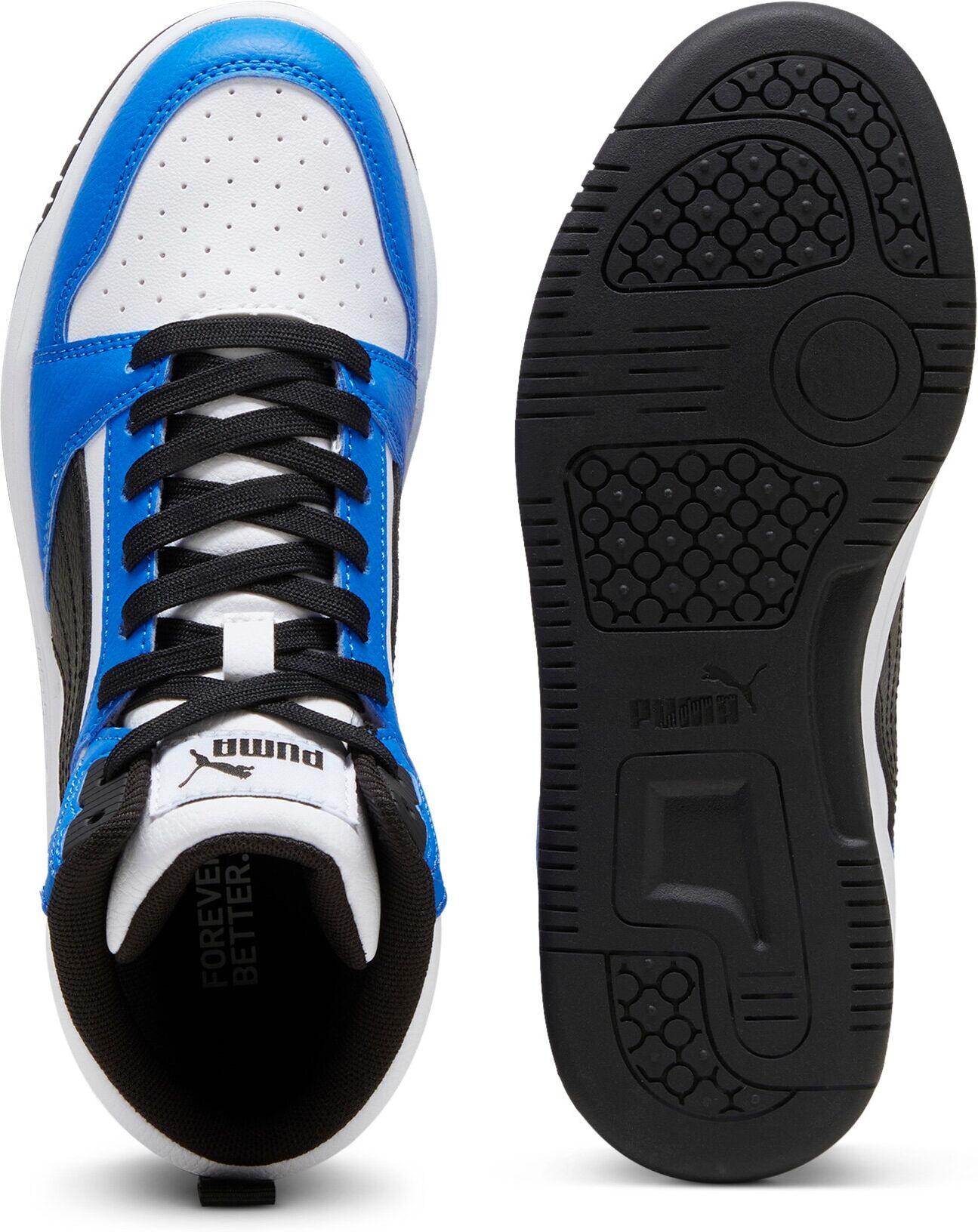 Sneaker PUMA "REBOUND V6 MID JR", Jungen, Gr. 38, weiss (puma weiß, puma schwarz, racing blau), Synthetik, Schuhe Sneaker, knöchelhoch, retro-inspiriertes Design, mit SOFTFOAM+ Dämpfung puma weiß, puma schwarz, racing blau 38