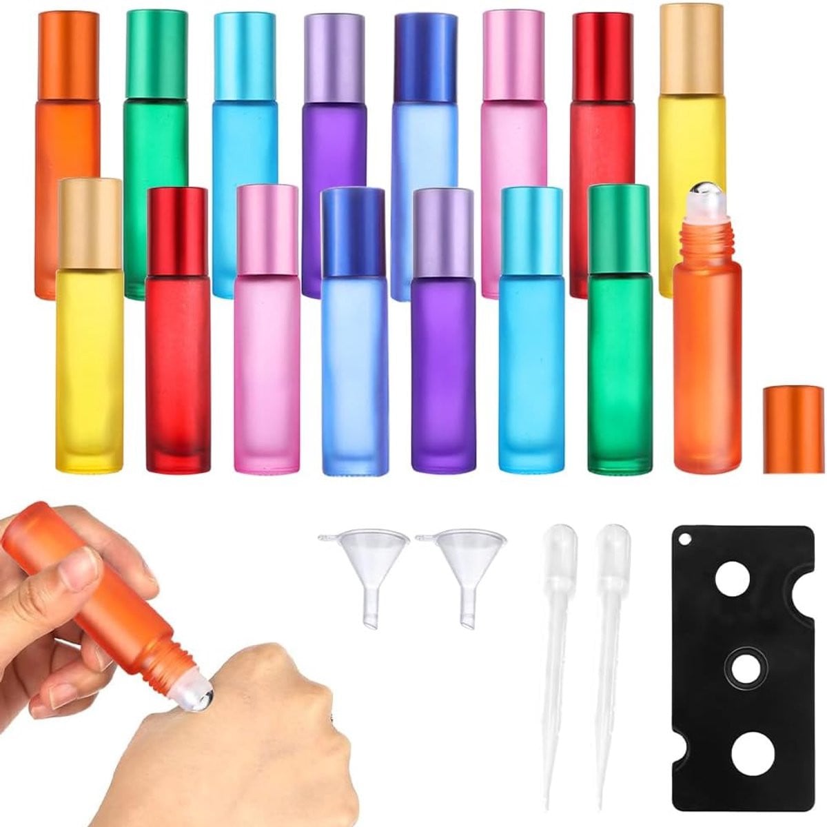 Set van 16 lege glazen rollerflesjes van 10 ml met RVS rollerballen en accessoires, verkrijgbaar in 8 kleuren