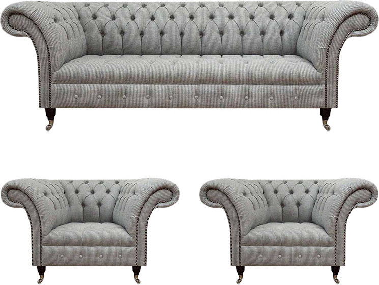 Grau Modern Chesterfield Sofa Set met Stoffen Bekleding voor in de Woonkamer