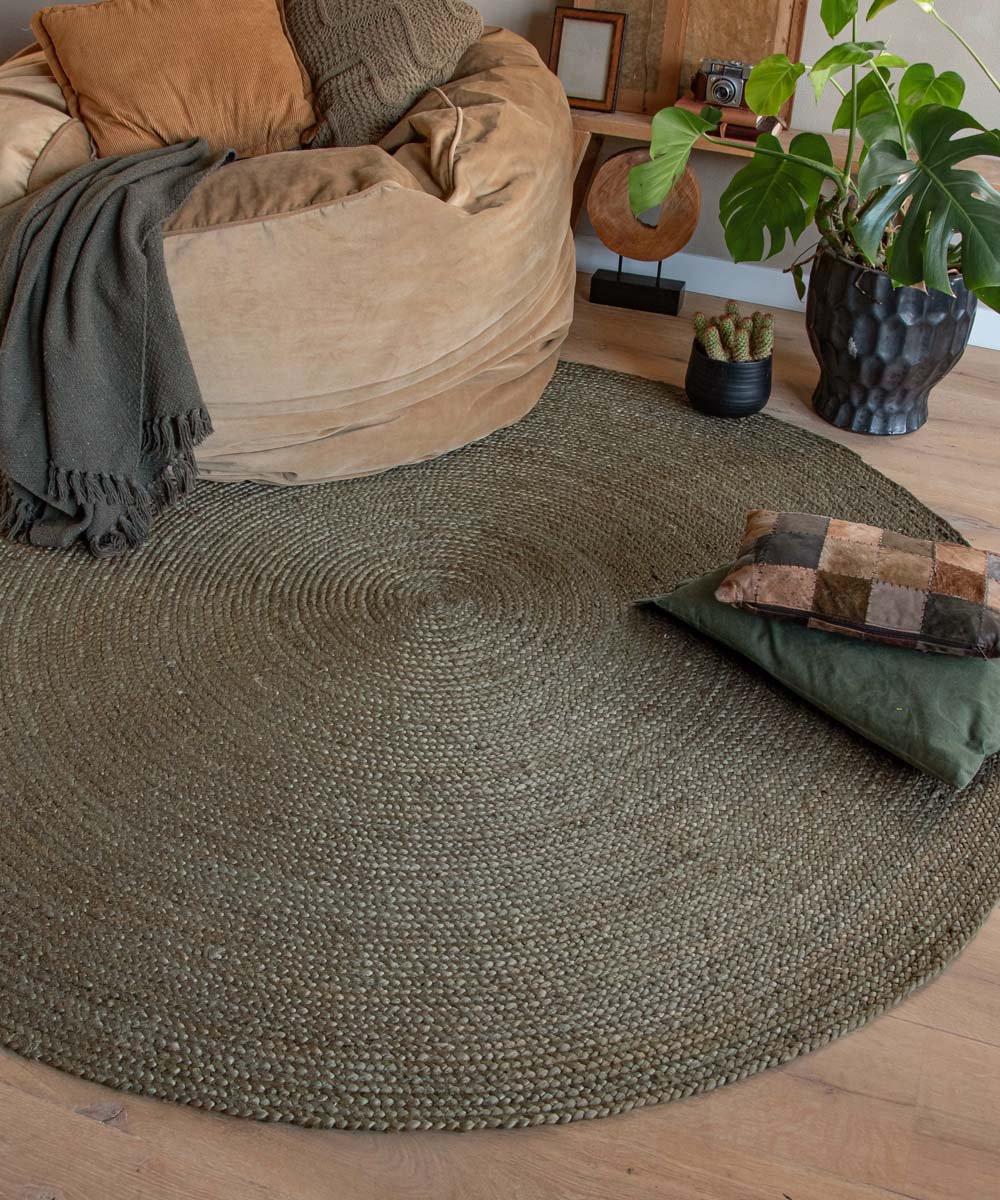 Boho&me Jute vloerkleed rond - Olijfgroen