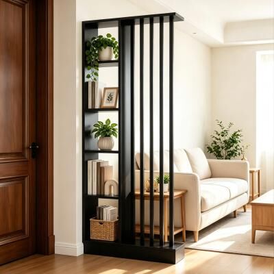 Kodotan sofa Freestanding Industrial Room Divider with Storage Shelves, Rustic Brown Slatted Room Partition Bookcase, Decorative