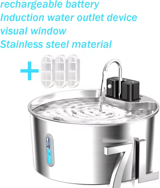 Inspire Curations 7L Wireless Rechargeable Stainless Steel Pet Water Fountain With Viewing Window fountain 3 Chips