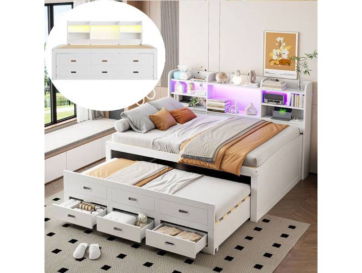 Lit de jour 3 places - 90x190/140x200 cm - USB/Type-C - LED - 3 tiroirs - Blanc - 2/3 places
