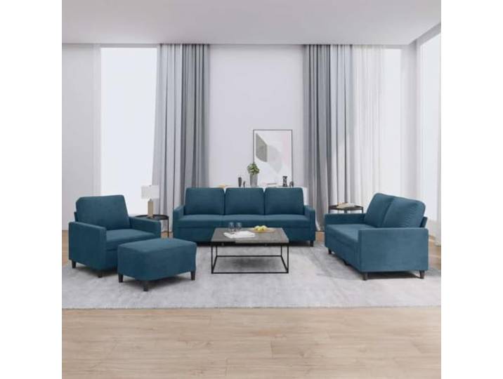 HEFZGDB 4-TLG. Sofagarnitur mit Kissen Blau Samt, Weiche Polsterung und Robustes Metallgestell für Langlebigkeit, Vielseitiger Hocker als Sitzgelegenheit oder Fußablage, Ideal