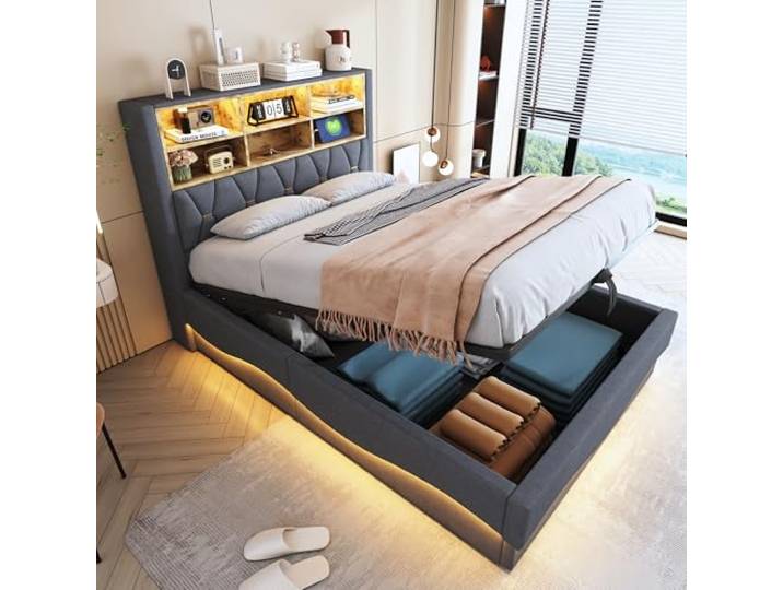 Ball & Cast Doppelbett 140x200 mit Stauraum und Beleuchtung, Grau Polsterbett mit Leinen Kopfteil Stauraum, APP-gesteuertem Lichtband und USB-Ladeanschluss.Ohne Matratze