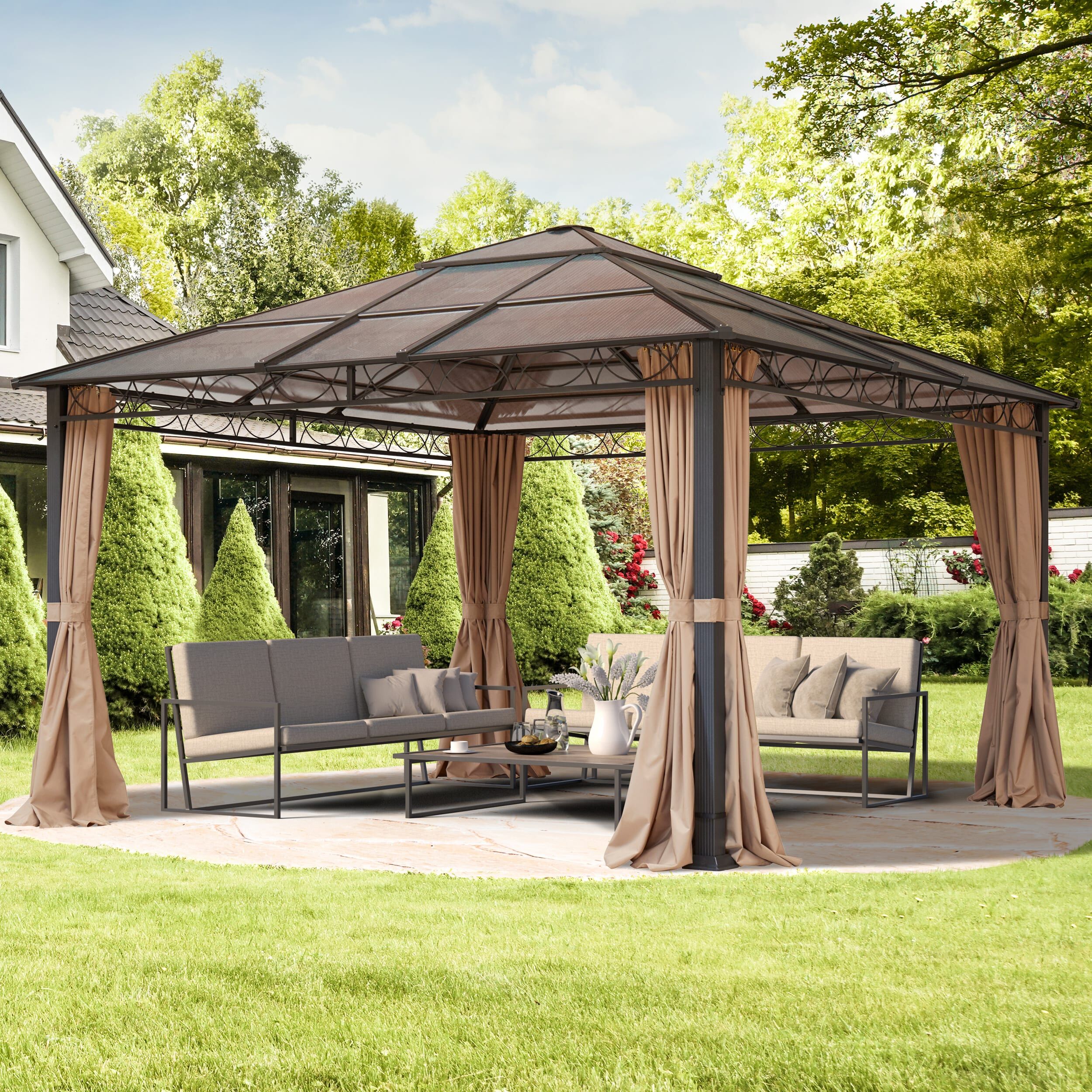 TOOLPORT 4x4m, hardtop havepavillon, inkl. 4 sidegardiner, cappuccino - (300189)