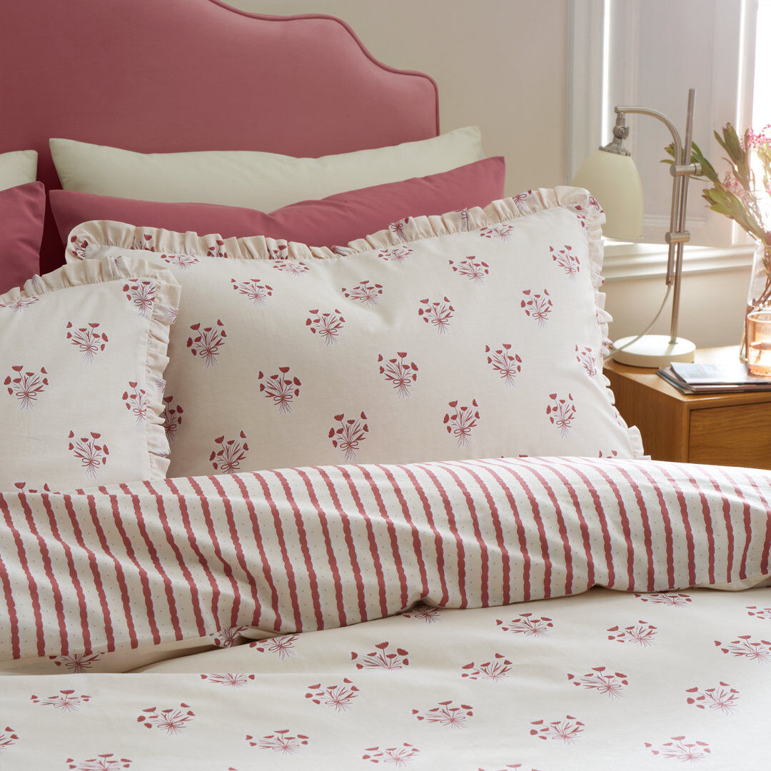Emily Bond Hand Gathered Posy Cotton Reversible Duvet Cover Set Cream / Red Super King
