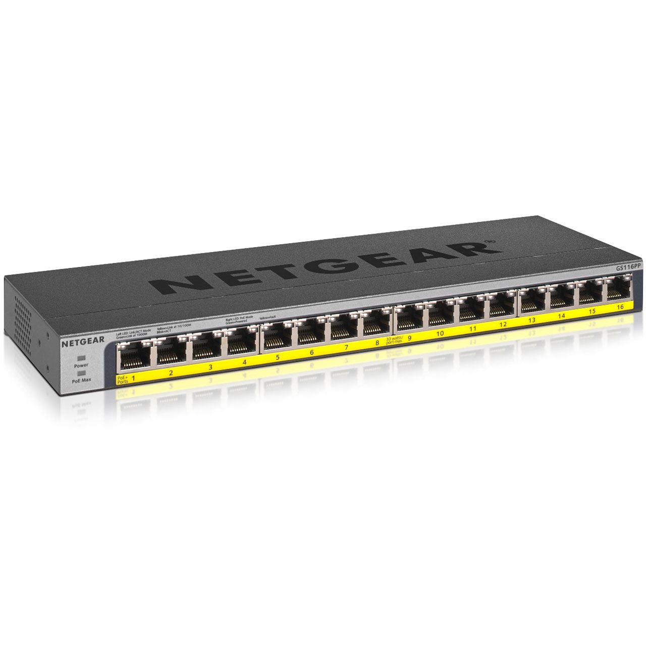 NETGEAR 16-Port Gigabit unmanaged Switch PoE/PoE+ 183W PoE Budget lüfterlos Metallgehäuse Desktop/Rack Wandbefestigung