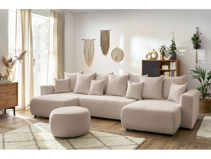 Canapé panoramique convertible coffre ENVY tissu bouclette avec pouf rond