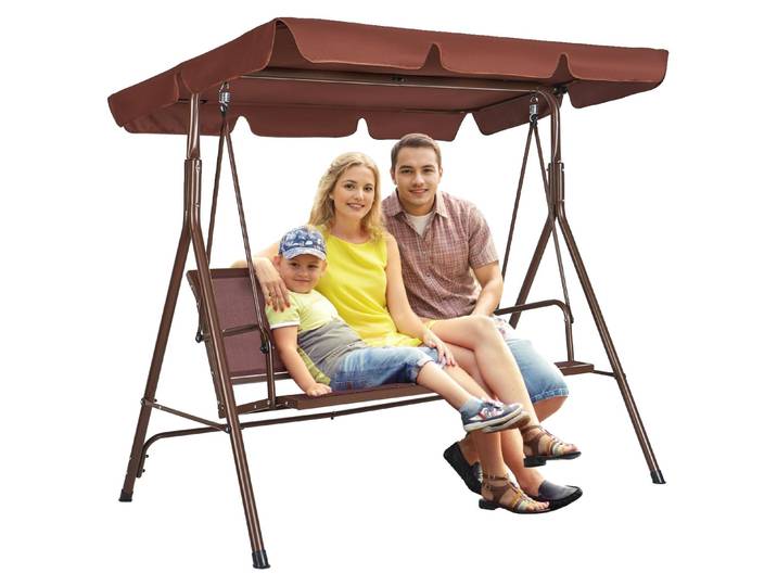 Balançoire de terrasse 3 places VEVOR Balançoire hollywoodienne avec baldaquin réglable Balançoire de véranda avec accoudoirs Tissu Teslin et cadre en acier allié pour balcon Arrière-cour Terrasse Jardin Marron