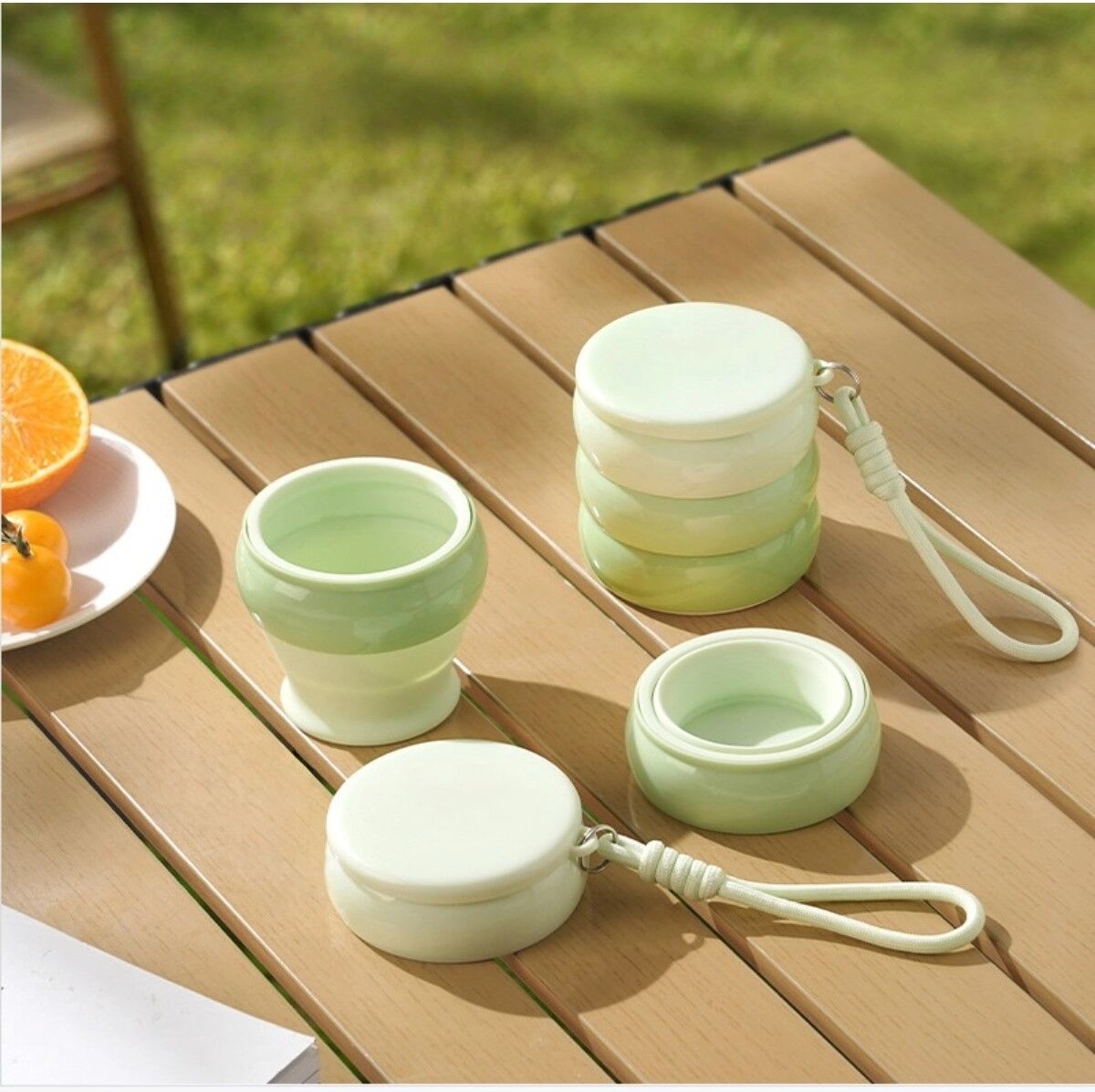 INF Gobelet de voyage pliable 3-en-1 portable - Gobelet pliable en silicone de qualité alimentaire avec sangle de transport Vert