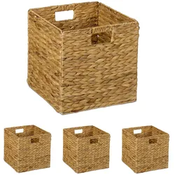 Relaxdays Aufbewahrungskorb, 4er Set, Wasserhyazinthe, Kleidung, Spielzeug, 30x30x30 cm, geflochtener Regalkorb, natur