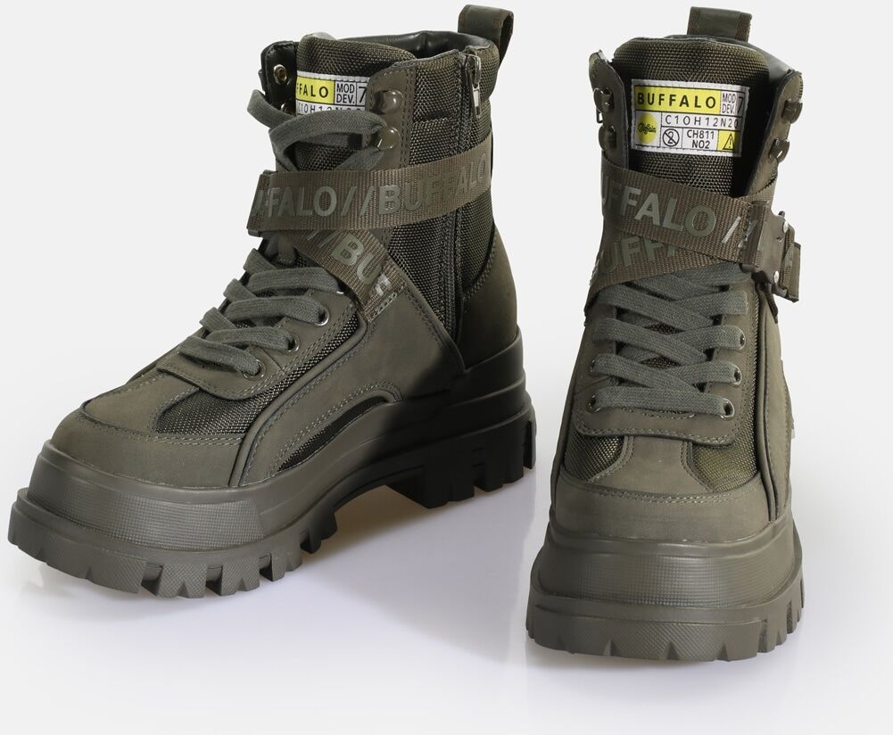 Winterboots BUFFALO "Aspha Com1 Vegan", Damen, Gr. 42, grün (khaki), Lederimitat, Textil, Schuhe Winterboots, Schnürstiefelette, Plateauboots mit Innen-Reissverschluss khaki 42