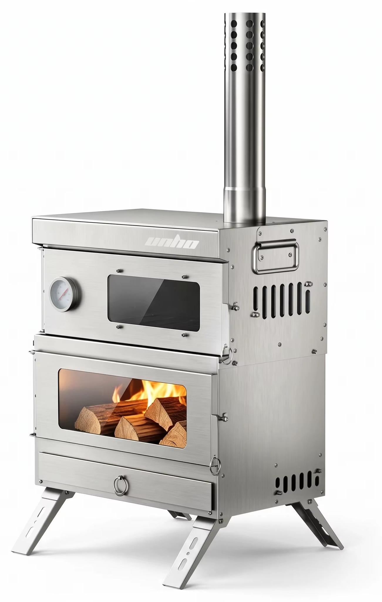 Holzbefeuerter Zeltofen HW-XZ2328 - Edelstahl - Abnehmbarer Ofen - Schornsteinrohre - Temperaturanzeige - Kaltes Klima - Kochen im Freien