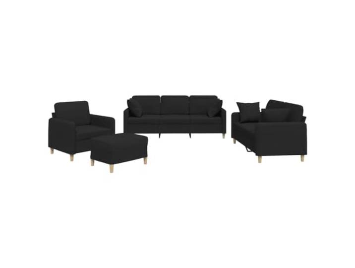 Todiikf 4-TLG. Sofagarnitur mit Kissen Couch Set Schwarz Stoff Komfortables 4-teiliges Polstermöbel Set mit Hocker und Zierkissen für ein modernes Wohnzimmer oder Büro.
