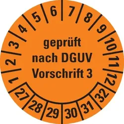 Dreifke® Prüfplakette geprüft nach DGUV Vorschrift 3 27-32, orange, Dokumentenfolie, Ø20mm, 500/Rolle
