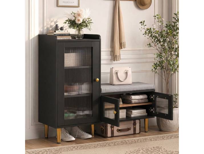 Banc à chaussures Moderne-SORVAGLOS-Meuble à Chaussures -Armoire à chaussures-3 portes-Meuble d'entrée -MDF-100x35x94 cm-Noir