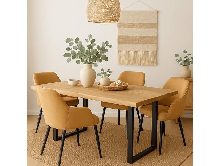 Essgruppe Boho 5-teilig Esstisch Baumkante 200x100 White Wash mit 4 Stühlen