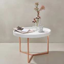 KADIMA DESIGN Sofatisch LIA Rund: Retro Stil, Metallgestell, abnehmbares Tablett, Anti-Rutsch-Noppen, Kupfer/Weiß.
