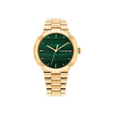 Quarzuhr TOMMY HILFIGER "Georgia", gold (goldfarben, grasgrün, grün), Armbanduhren, Damen, goldfarben, Quarzuhr, Armbanduhr, Damenuhr, Edelstahlarmband, analog